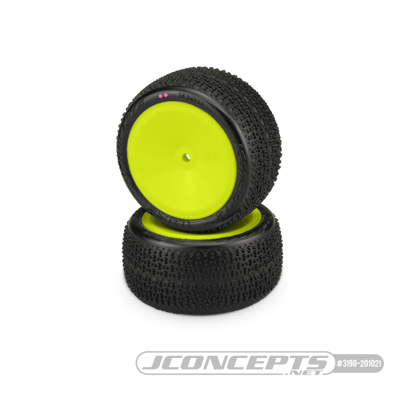 JConcepts Twin Pins 2wd Rear Buggy Tires, Pink Compound, Pre-Mounted on 3348Y Wheels
